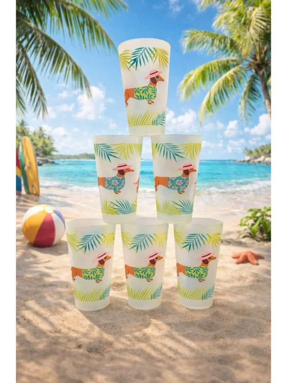 6 New Hawaiian Tropical Dachshund Plastic Indoor Outdoor Party Beverage Cup Set